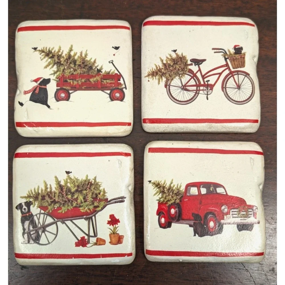 Christmas Coasters Set of 4 Cork Back Dog Tree Truck Bicycle Holiday Decor